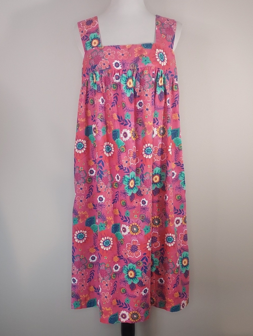 Dreams Co. Pink Aqua Blue Yellow Floral Square Neck Shift Dress Size Medium